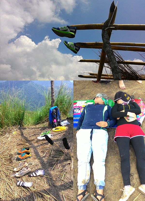 Drying my shoes at the summit; Drying everything; Hikemates collapsed at the summit