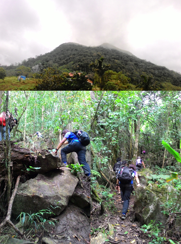 The summit of Mt. Lubog is the peak covered by fog; We had to scramble up rocks for most of the trail