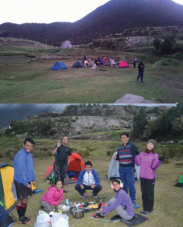 Setting up camp and the hikers preparing dinner