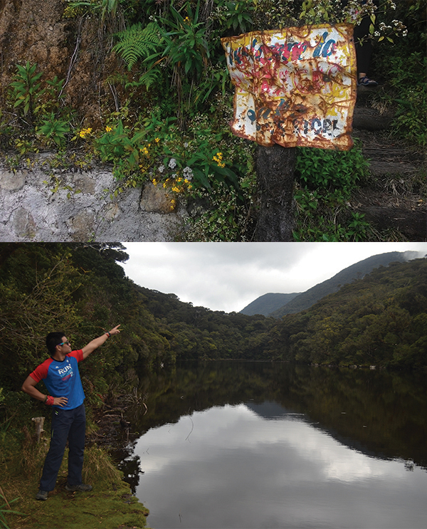 The sign for the short trail to Ambulalakao lake; Me with the clear water of Ambulalakao lake